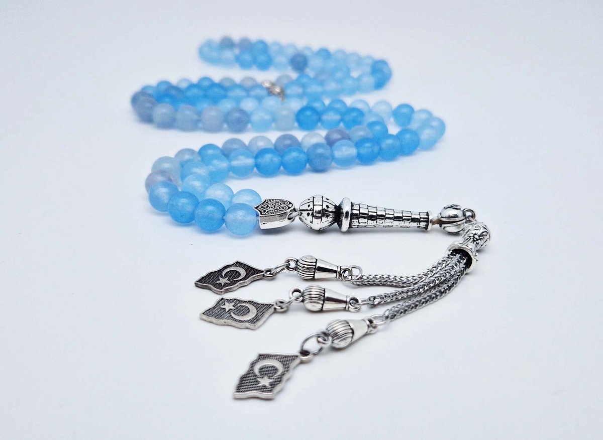 Handgemaakte tesbih "Tasbih" natuursteen " Blauwe Jade " - Aantal kralen 99 - Diameter kralen 8MM - met metaal tassel "Turkiye" - Een mooi cadeau-idee