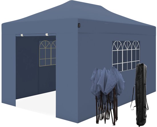 LifeGoods Partytent - Paviljoen - 3x4.5 m - Zijwanden - Easy Up - Opvouwbaar - Waterdicht - Draagtas met Wieltjes - Donkerblauw