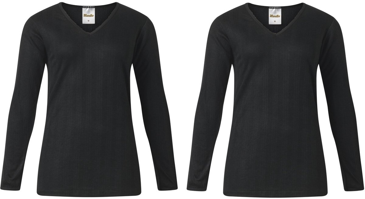 Lunatex - 2 dames thermo T-shirts - lange mouw - 50% polyester en 50% modal - zwart - maat M