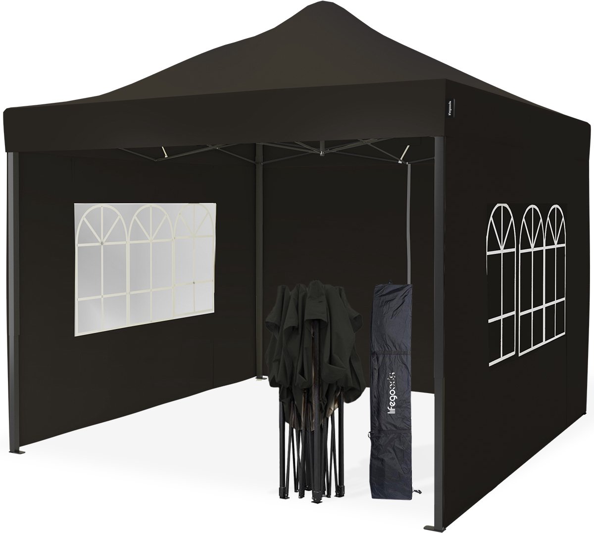Bol.com LifeGoods Partytent - 3x3 m - Zijwanden - Easy Up - Paviljoen - Opvouwbaar - Waterdicht - Draagtas met Wieltjes - Antraciet aanbieding