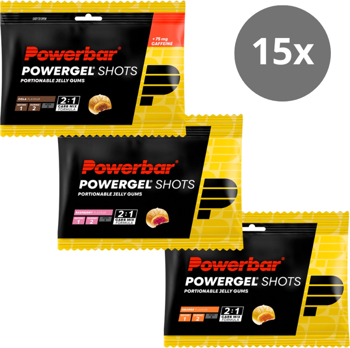 Goedkoopste Powerbar Energiegels | Powergel Shots | Combideal - 5x Cola (met cafeïne) 5x Raspberry 5x Orange