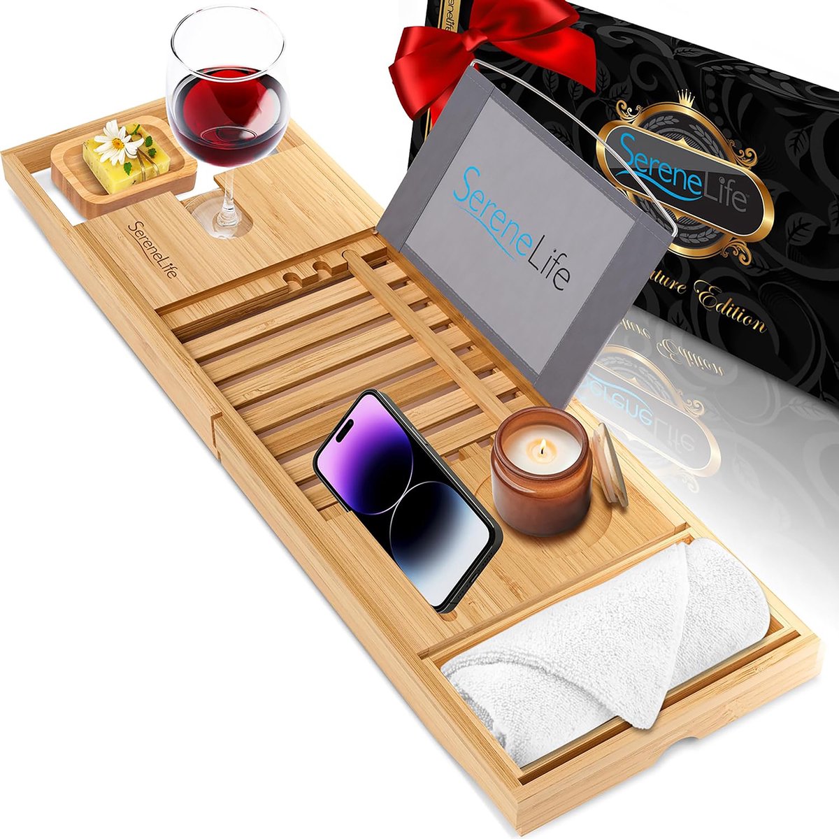 SereneLife Badrek –Bamboe Badkuipplank , Uitschuifbare & Verstelbare Badplank met Apparaat-/Boekhouder en Verwijderbare Bakjes voor Badkamer Accessoires