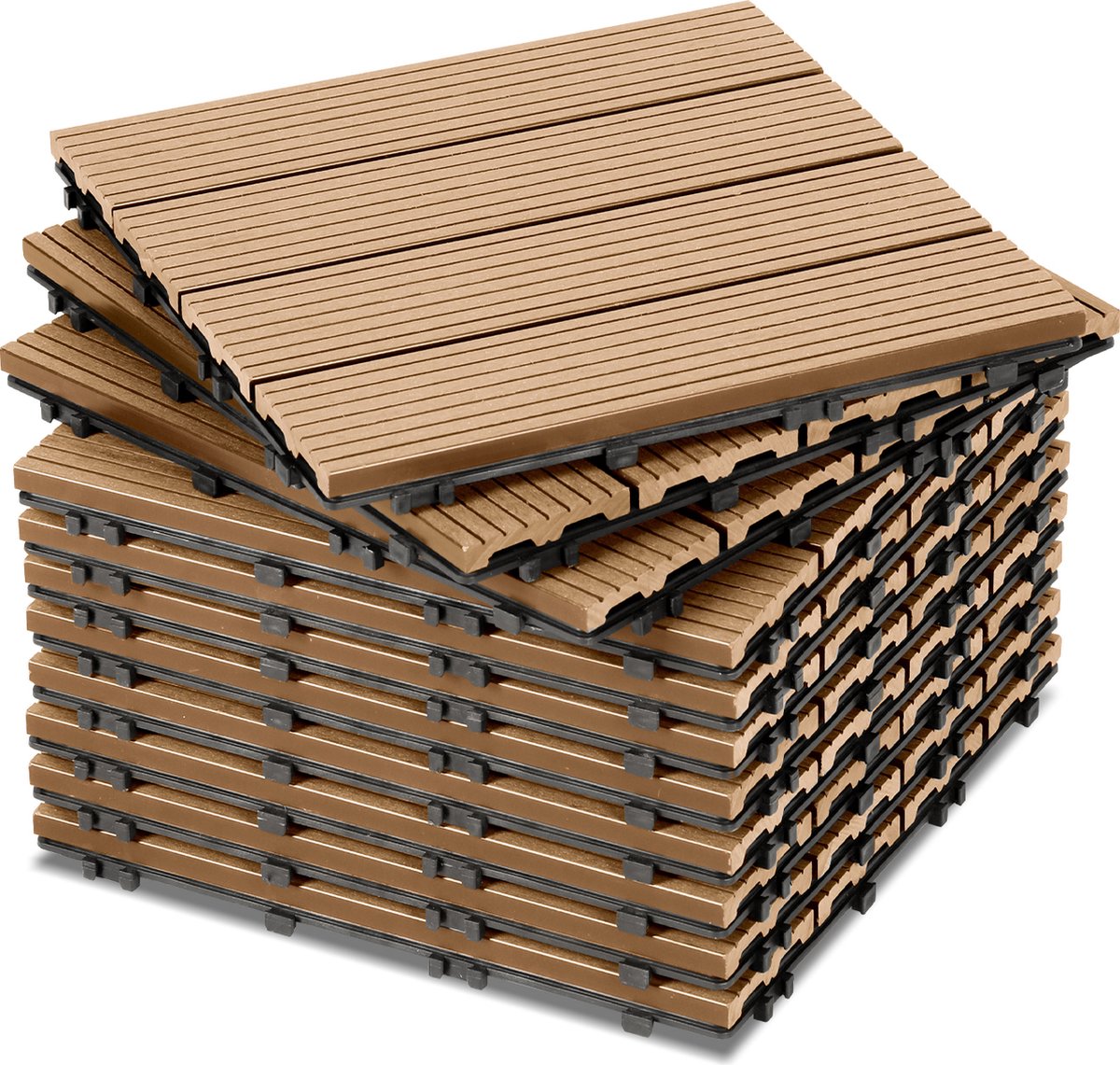 Terrastegels - 11 Stuks - 1 m² - WPC Composiet Kunststof - 30x30cm - 4 strepen - Teak - Makkelijke en Snelle Montage - Balkontegels - Vlondertegel Set - Onderhoudsvrij - Tuin, Balkontegels - Terrasplanken