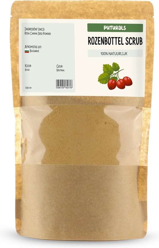 Puturals rozenbottel scrub, 500 gr. Inclusief rozenbottels en tekst '100% Natuurlijk'. Kleur rood, geur neutraal.