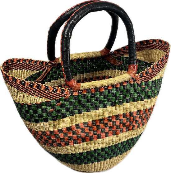 Winkelmand van zeegras, gevlochten tas met leren handvat, middelgrote maat met lang handvat, lila, afmetingen: 40 x 15 x 26 cm