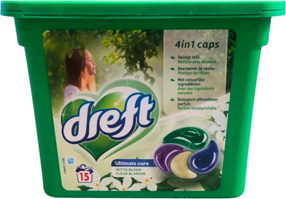 Goedkoopste Dreft - Wasmiddelcapsules 4in1 - Witte en Gekleurde Was - Witte Bloem - 15 Wasbeurten
