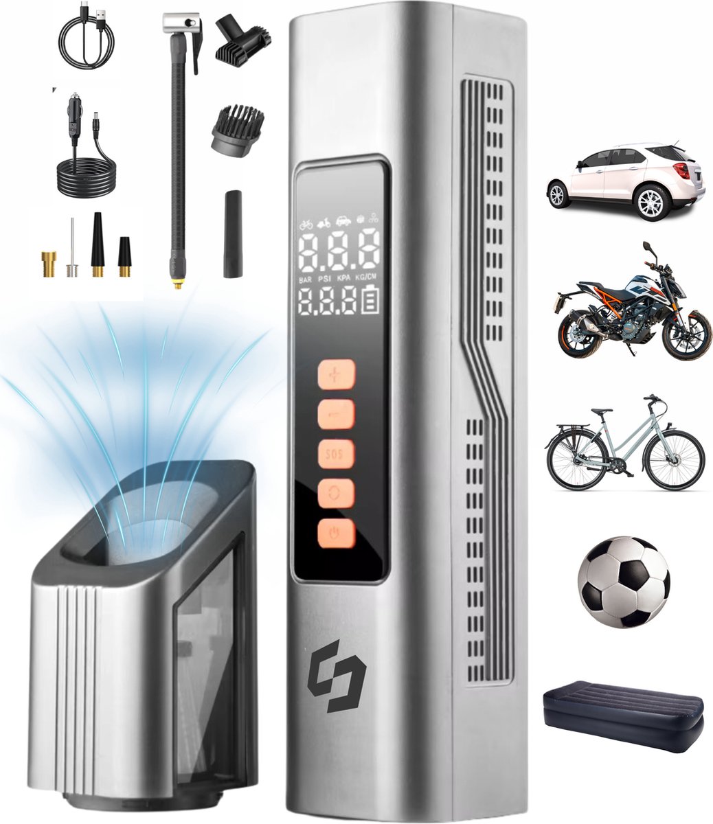 Bol.com Draagbare Luchtcompressor 4-in-1 - Auto Stofzuiger Draadloos - Bandenpomp - Elektrische Fietspomp - Kruimeldief Snoerloo... aanbieding