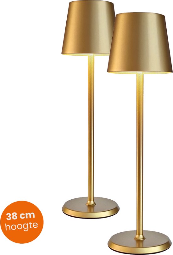Goliving Tafellamp Oplaadbaar – 2 Stuks - Draadloos en dimbaar – Moderne touch lamp – Industrieel - Nachtlamp Slaapkamer & Woonkamer – 38cm – Goud