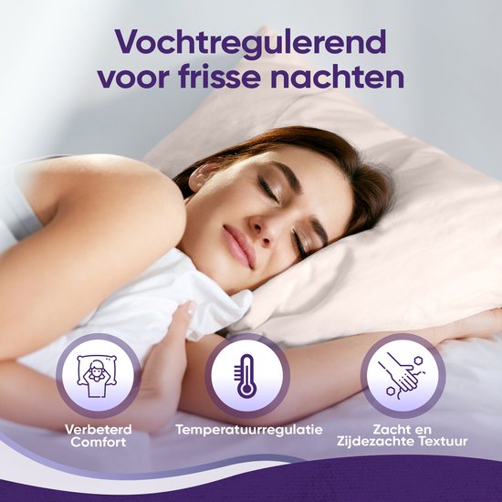 Een vrouw slaapt op een beige kussen. Iconen voor verbeterd comfort, temperatuurregulatie en zachte textuur.