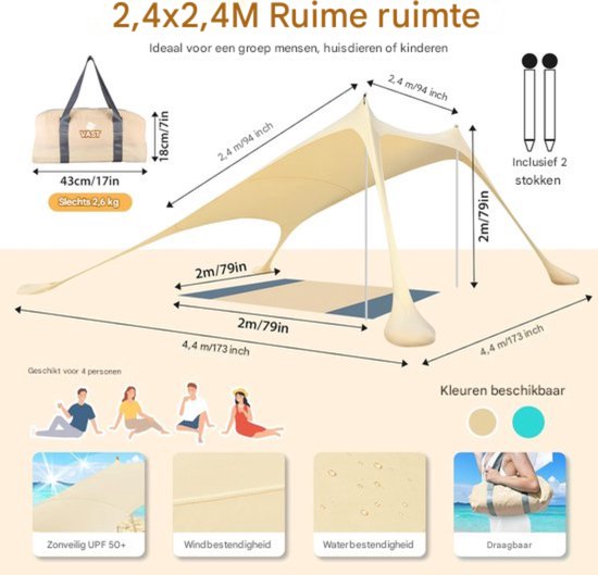 UV50+ Strandtent - Inclusief Zandankers en Picknickkleed - 2.4x2.4 m van Freesoo — afbeelding 2