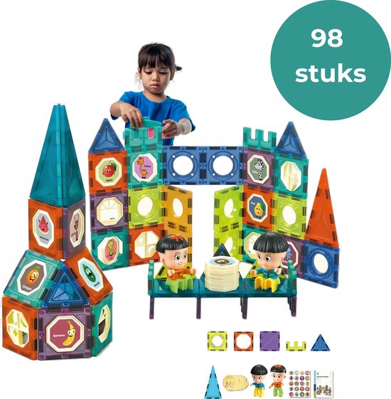 Teedz - Magnetic Tiles - Magnetisch Speelgoed - 98 stuks - Constructie speelgoed - Magnetische tegels - Montessori speelgoed - Magnetic toys - Magnetische bouwstenen - Speelgoed Kinderen - Speelgoed vanaf 3 jaar - STEM speelgoed