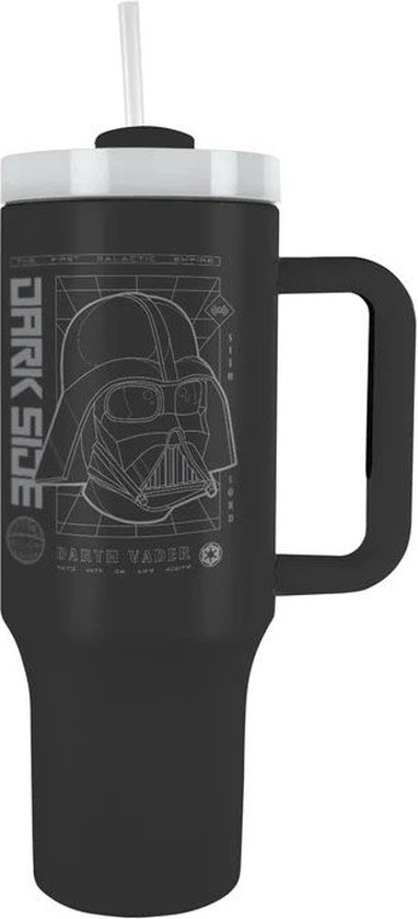Zwarte 1.2L beker met "Dark Side" opdruk en Darth Vader schets. Wit deksel met rietje.