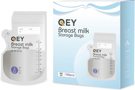 100 pièces - Sachets de conservation du lait maternel - Sachets Allaitement - Extra Groot - Réfrigérateur et congélateur - QEY (sans BPA)