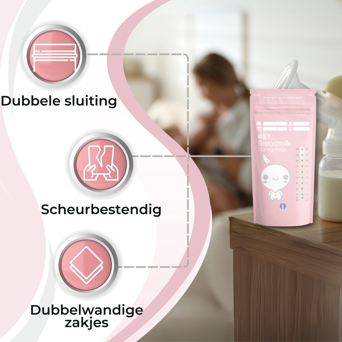 QEY® 120 Stuks Moedermelk Bewaarzakjes – Lekvrij, BPA-vrij & Steriel – Stevig & Plat Ontwerp – Handig Schrijfvlak – Bewaarzakjes voor Borstvoeding – Geschikt voor Vriezer & Koelkast - Roze — afbeelding 4