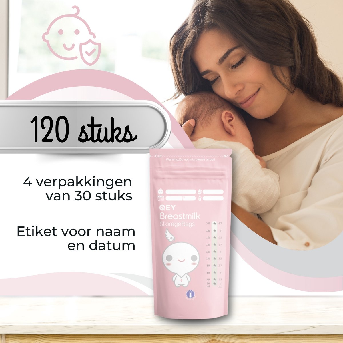 QEY® 120 Stuks Moedermelk Bewaarzakjes – Lekvrij, BPA-vrij & Steriel – Stevig & Plat Ontwerp – Handig Schrijfvlak – Bewaarzakjes voor Borstvoeding – Geschikt voor Vriezer & Koelkast - Roze — afbeelding 2