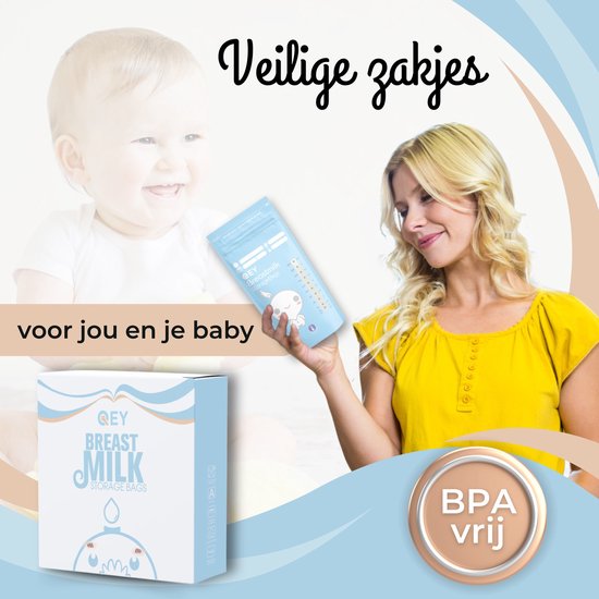 QEY® 120 Stuks Moedermelk Bewaarzakjes – Lekvrij, BPA-vrij & Steriel – Stevig & Plat Ontwerp – Handig Schrijfvlak – Bewaarzakjes voor Borstvoeding – Geschikt voor Vriezer & Koelkast - Blauw