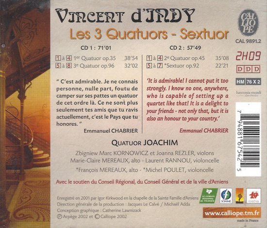Achterkant van de cd 'Les 3 Quatuors - Sextuor' van Vincent d'Indy, met tracklijsten en citaten.
