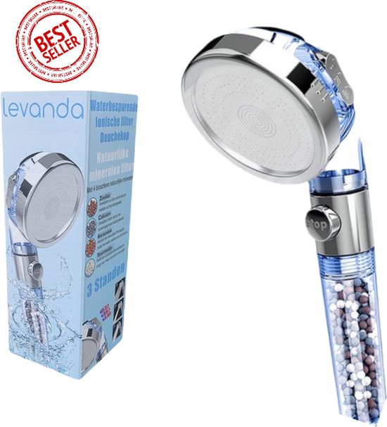 Ludoris Levanda ionische douchekop waterbesparend met douchefilter met extra navulling – eco douchekop filter met 4 verschillende mineralen -waterbesparende douchekop hoge druk met natuurlijke mineraal filter