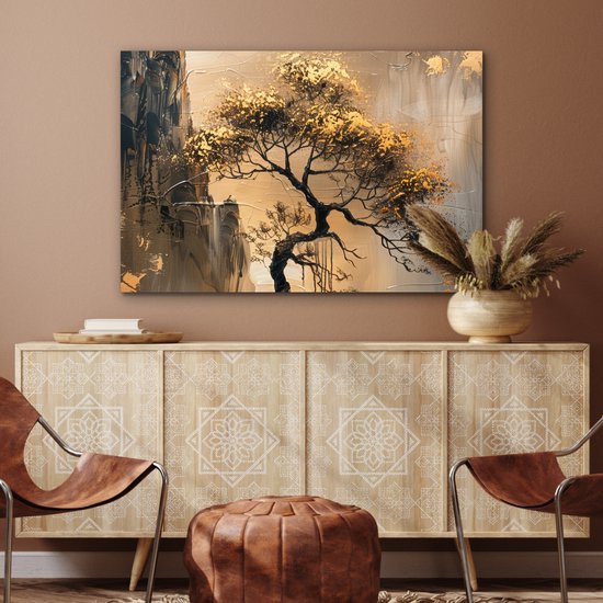 Décoration murale Métal - Peinture Aluminium Industriel - Arbre - Or - Paysage - Peinture - 120x80 cm - Dibond - Photo sur aluminium - Décoration murale industrielle - Pour le salon/chambre