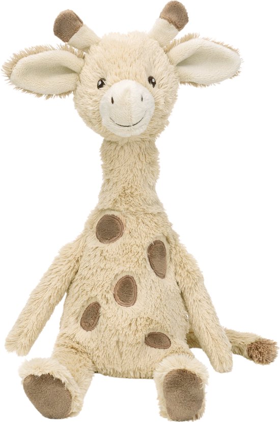 Beige giraffe knuffel met bruine vlekken en zachte vacht, zittend.