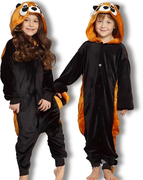 BoefieBoef Kinder Onesie Rode Panda – Peuter & Kleuter Pyjama 2-5 Jaar – Fluffy Dieren Verkleedpak – Warme Flanel Jumpsuit met Capuchon – Knuffelpak & Huispak – Zwemles – Carnaval, Halloween & Sinterklaas Cadeau – Jongens & Meisjes 95-110 cm - Oranje