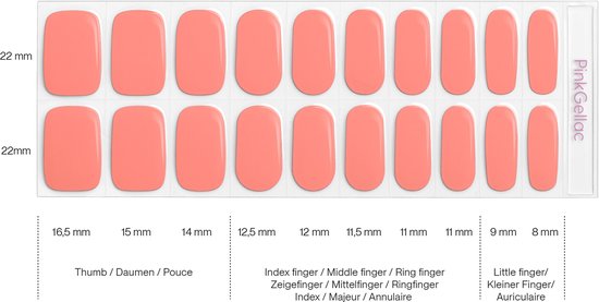 Zachtoranje gel nagelstickers in verschillende maten, met afmetingen vermeld.