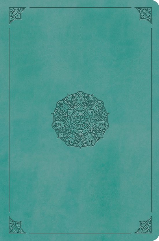 Turquoise bijbel met een mandala-achtig reliëf in het midden en hoekornamenten.