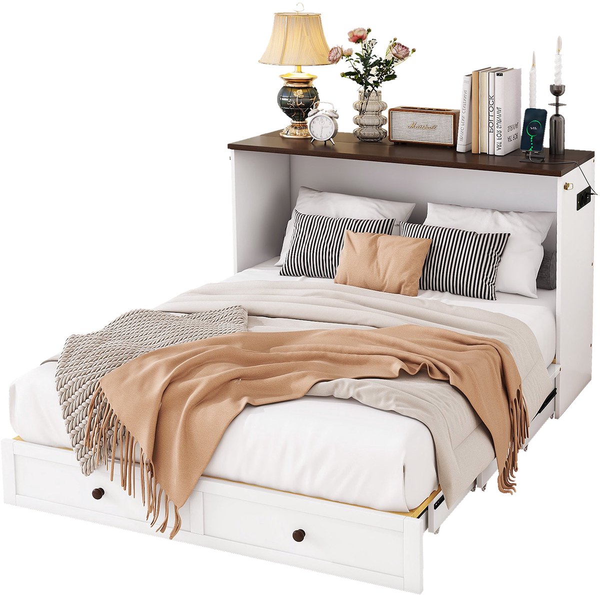 Merax Kastbed 140x200 met USB Aansluiting en Stopcontact – Opklapbaar Opklapbed met 2 Lades – Verplaatsbaar Logeerbed – Wit met Bruine Plank