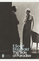 Vrouw in lange jurk leunt op stoel, kijkt naar man in pak. Titel: This Side of Paradise.