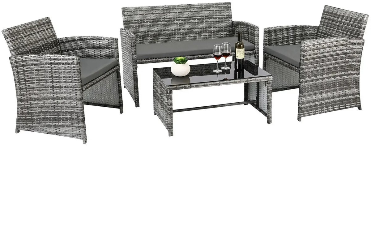J&R Rotan Tuinset - 4 delig - Loungeset - Buiten meubilair - Tuin meubelen - Bank - 2 stoelen - Tafel - incl. Kussens - Grijs