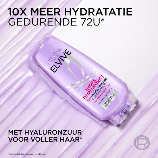 L'Oréal Elvive Hydra Hyaluronic Après-shampooing sur texture violette, avec des allégations d'hydratation.
