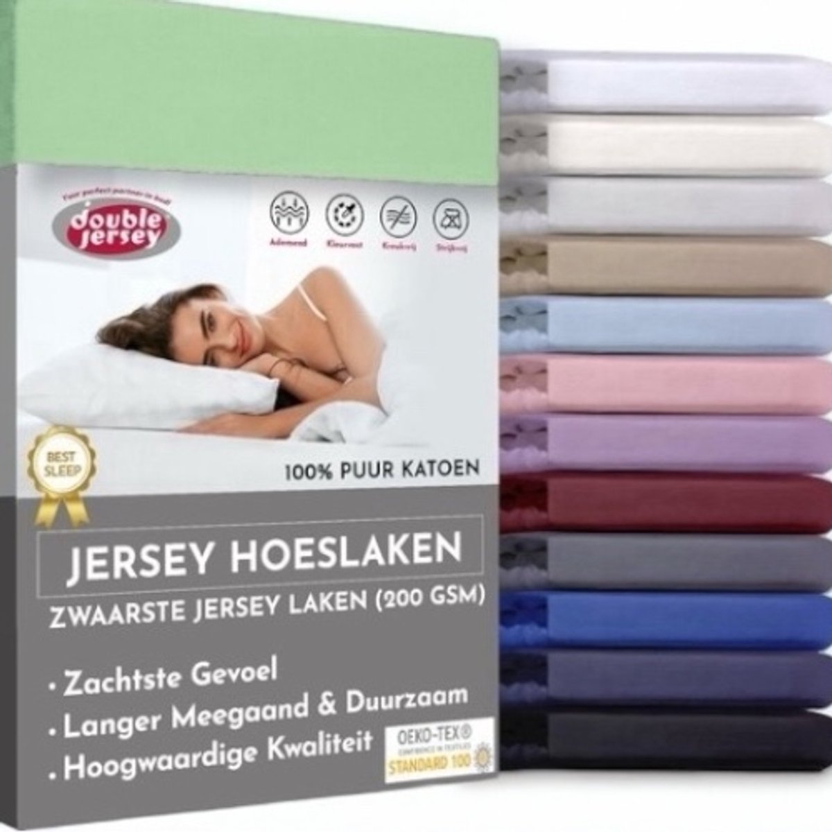 Dubbel Jersey Hoeslaken - Lits-jumeaux Extra Breed - 200x210/220/230 - Rondom Elastiek - Lichtgroen