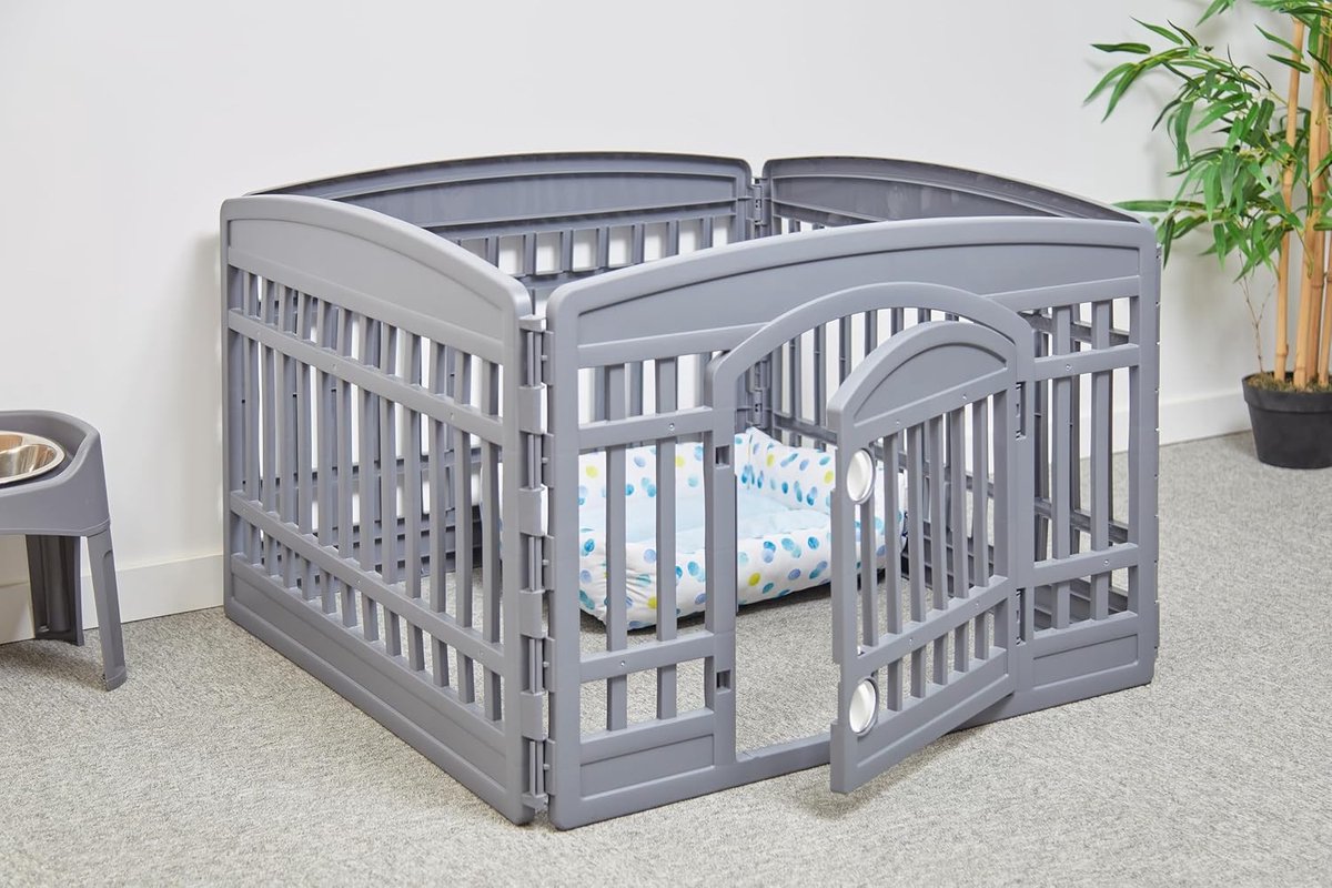 Candala Park, behuizing met 4 panelen en 1 afsluitbare kunststof deur, L91,5 x D91,5 x H60 cm, opvouwbaar, binnen/buiten, voor honden, konijnen en katten, CI-604E WD, metallic grijs