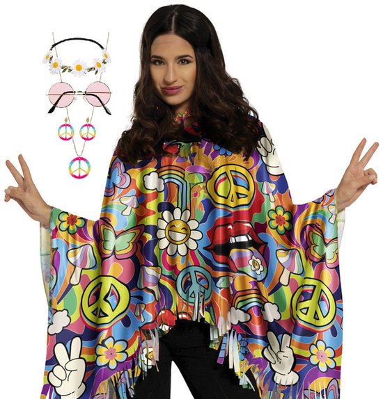 Hippie verkleed set - poncho en accessoires - 5-delig - one size - Jaren 60/flower power verkleedkleding