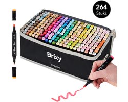 foto van Brixy Twinmarkers 264 Stuks - Professionele Alcohol Markers - Dubbelzijdige Tip - Stiften - Opbergtas Met Houder