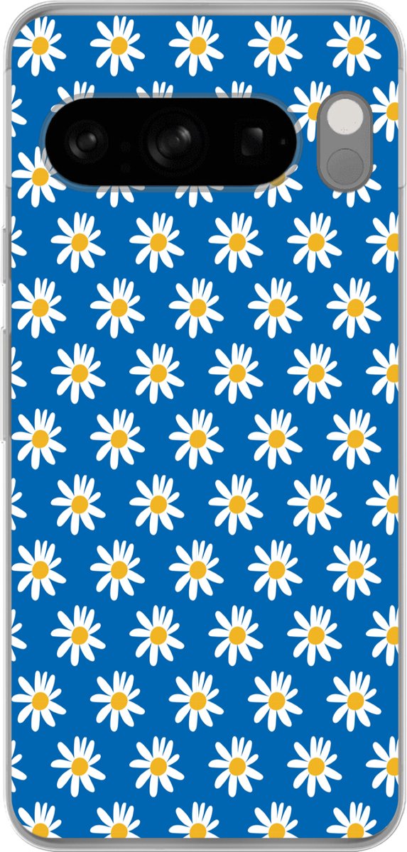 Telefoonhoesje Geschikt voor Google Pixel 8 Pro hoesje - Madeliefjes - Patroon - Blauw - Bloemen - Siliconen Telefoonhoesje Telefoonhoesje