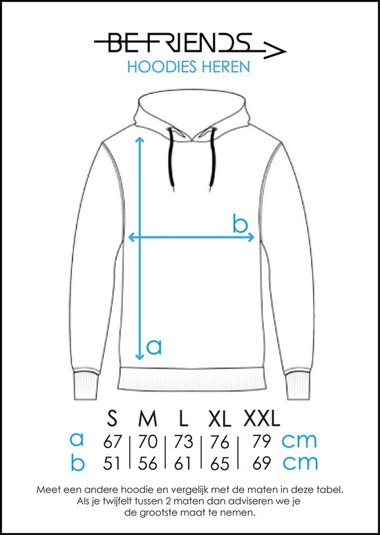 Maattabel voor herenhodies met afmetingen 'a' en 'b' voor maten S tot XXL.