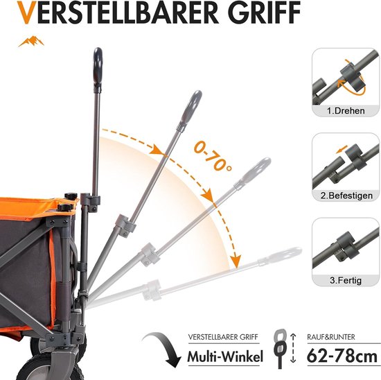 Opvouwbare trolley karretje voor buiten - met verwijderbare stof - festival tuin kamperen picknick - ondersteunt max. 100 kg - draagbaar trailer (oranje) van Merkloos — afbeelding 4