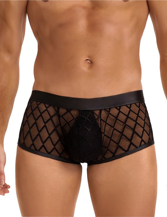 Boxer noir pour homme avec résille transparente - taille S/M - sous-vêtement boxer noir transparent sexy pour homme - sous-vêtement tendance pour homme érotique - BDSM - clubwear latex homme
