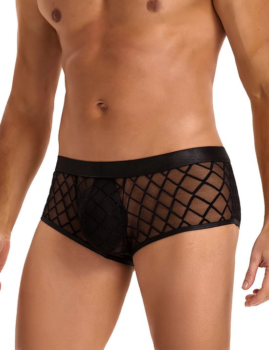 Boxer noir pour homme avec résille transparente - taille S/M - sous-vêtement boxer noir transparent sexy pour homme - sous-vêtement tendance pour homme érotique - BDSM - clubwear latex homme