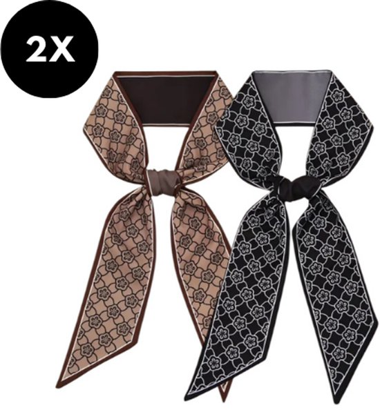 Ultiluxe® Luxe sjaaltjes voor dames - 2 stuks - Zwart/bruin - Neksjaaltje, sjaaltje voor aan de tas, haarsjaaltje - 96 x 6 cm - Inspired sjaal - Haar accessoire - Satijnen look - Geïnspireerde sjaal - 2-delige set - Zijden look - Bag charm