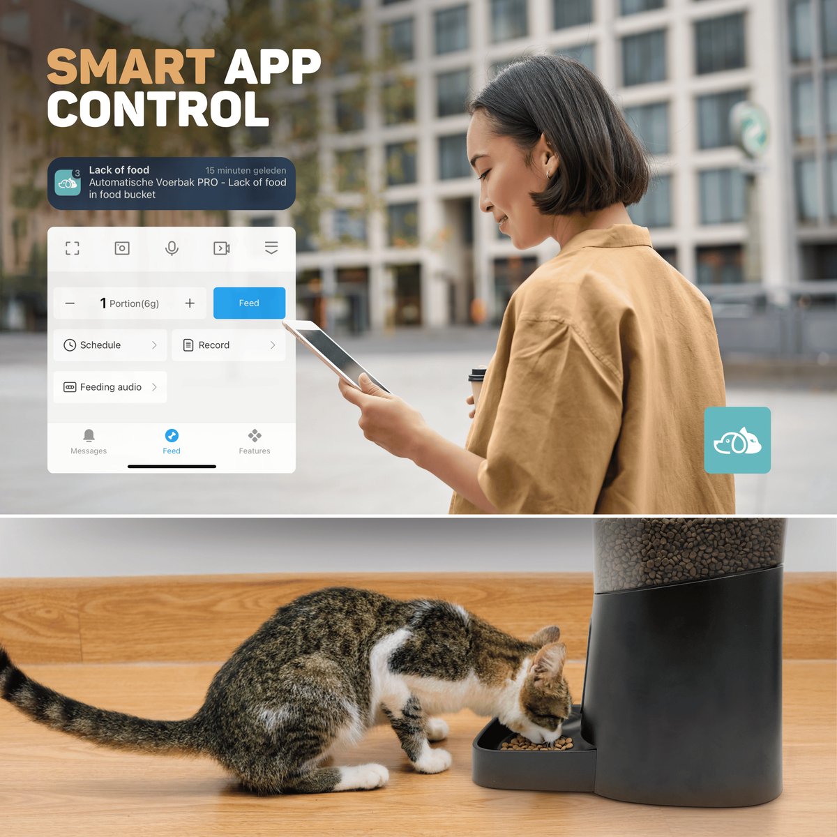 Vulpes Goods® Pets - Automatische Voerbak Kat - en Hond - Voerautomaat met App - Voerdispenser - 6L - Zwart - PRO Versie thumbnail 6