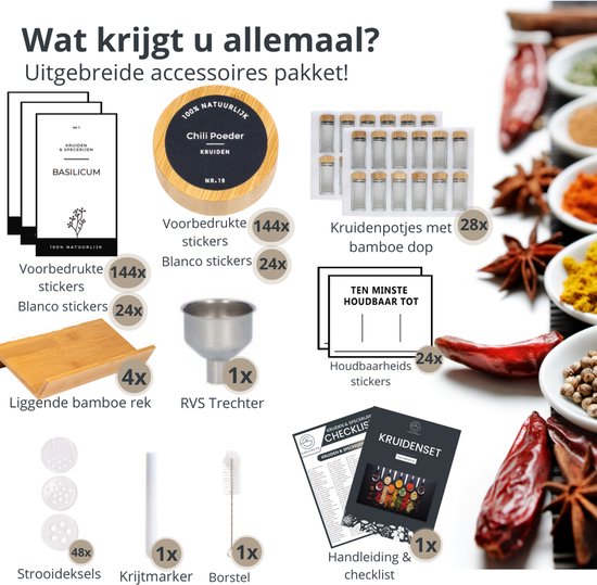 Een complete set voor kruidenorganisatie: 4 houten rekjes, 28 kruidenpotjes met bamboe dop, 144 blanco stickers, 24 houdbaarheidsstickers, trechter, borstel, krijtmarker en handleiding.