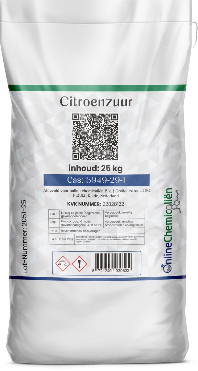 online chemicalien – citroenzuur – 25 kg – foodgrade – allesreiniger – voor huishoudelijk gebruik