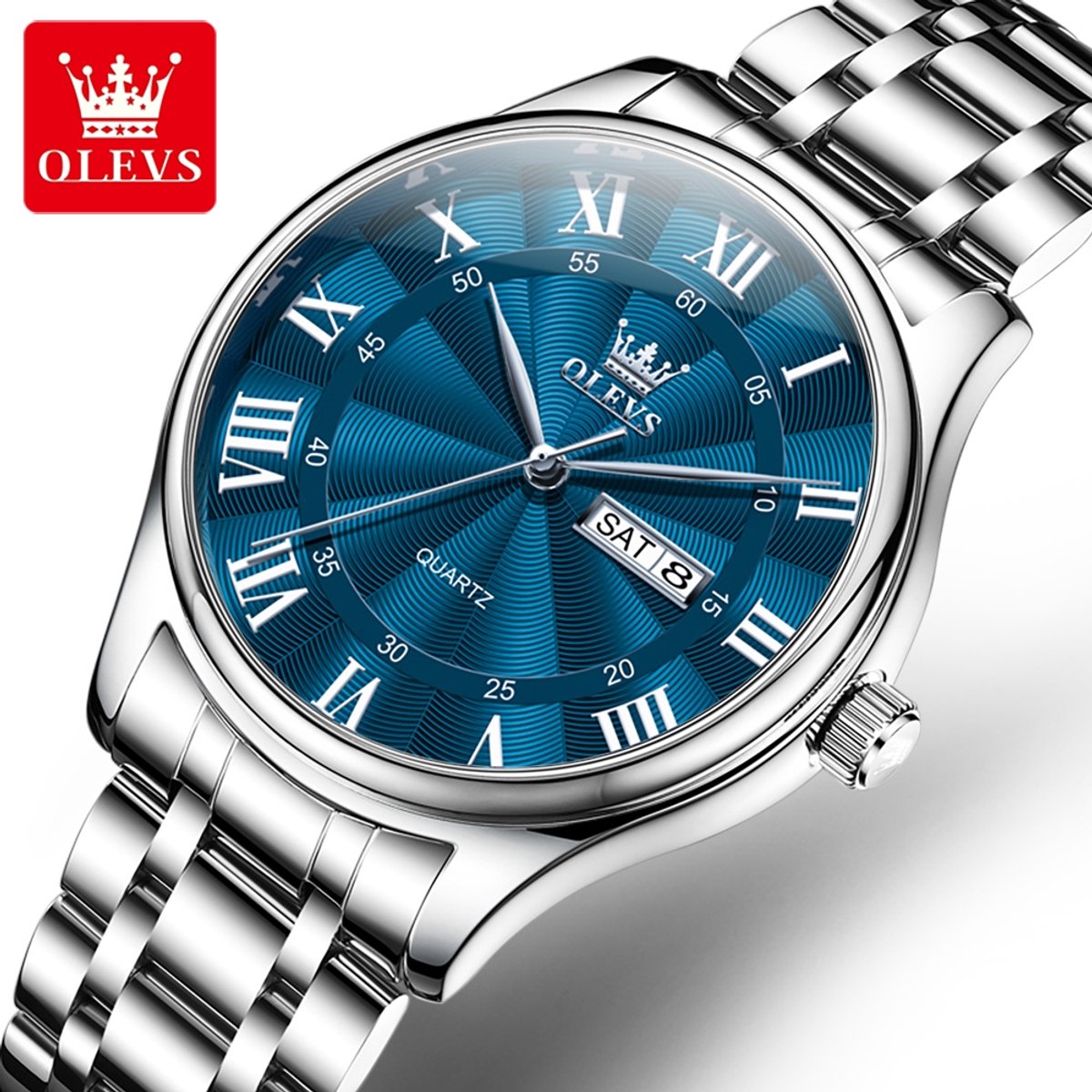 HO-3663.bl : Olevs zilverkl edelstaal horloge, blauwe wijzerplaat, witte Romeinse cijfers, dagkalender