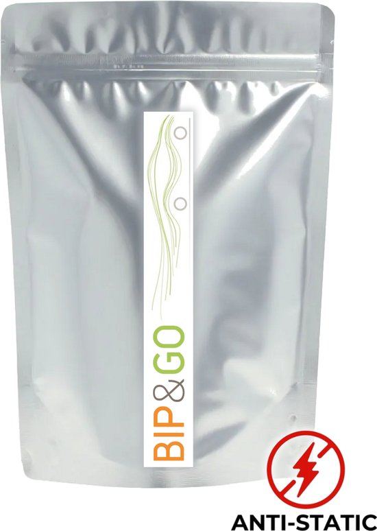 Zilverkleurig anti-statisch zakje met 'BIP&GO' logo en 'ANTI-STATIC' aanduiding.