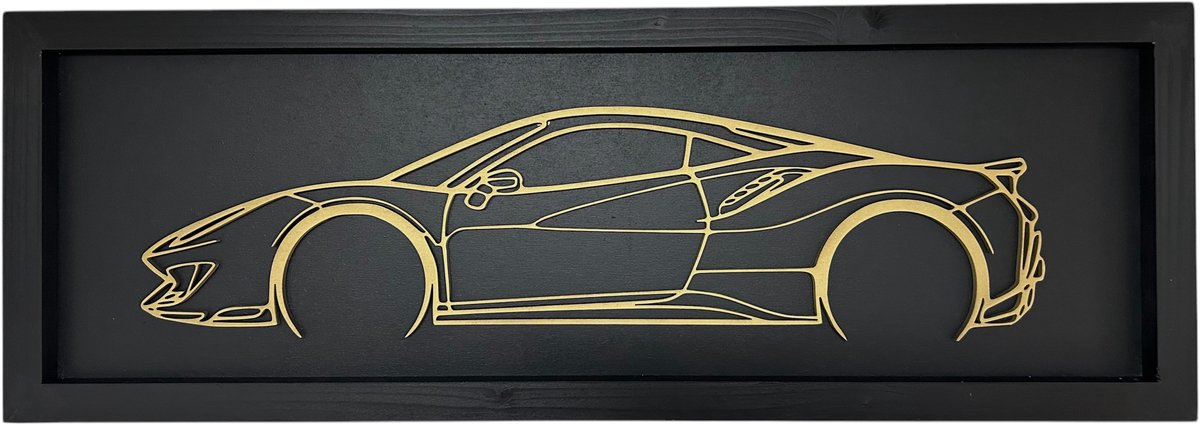 Ferrari wanddecoratie-Ferrari 488 wanddecoratie met omlijsting-houten wandbord- Ferrari - 80x28cm - Mancave wanddecoratie - schilderij Ferrari - line art - wanddecoratie