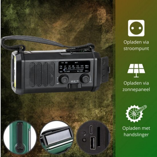 AM/FM - Zonne-energie & Handzwengel - 2000 mAh Powerbank