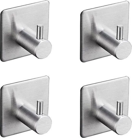 Knaak Zelfklevende Handdoekhaak Set - 4 Stuks - Zilver - Badkamer & Keuken - Sterke Plakstrip - Zonder Boren