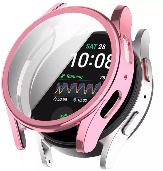 Roze horlogekast met glazen schermbeschermer. Het horloge toont de tijd en sportgegevens.